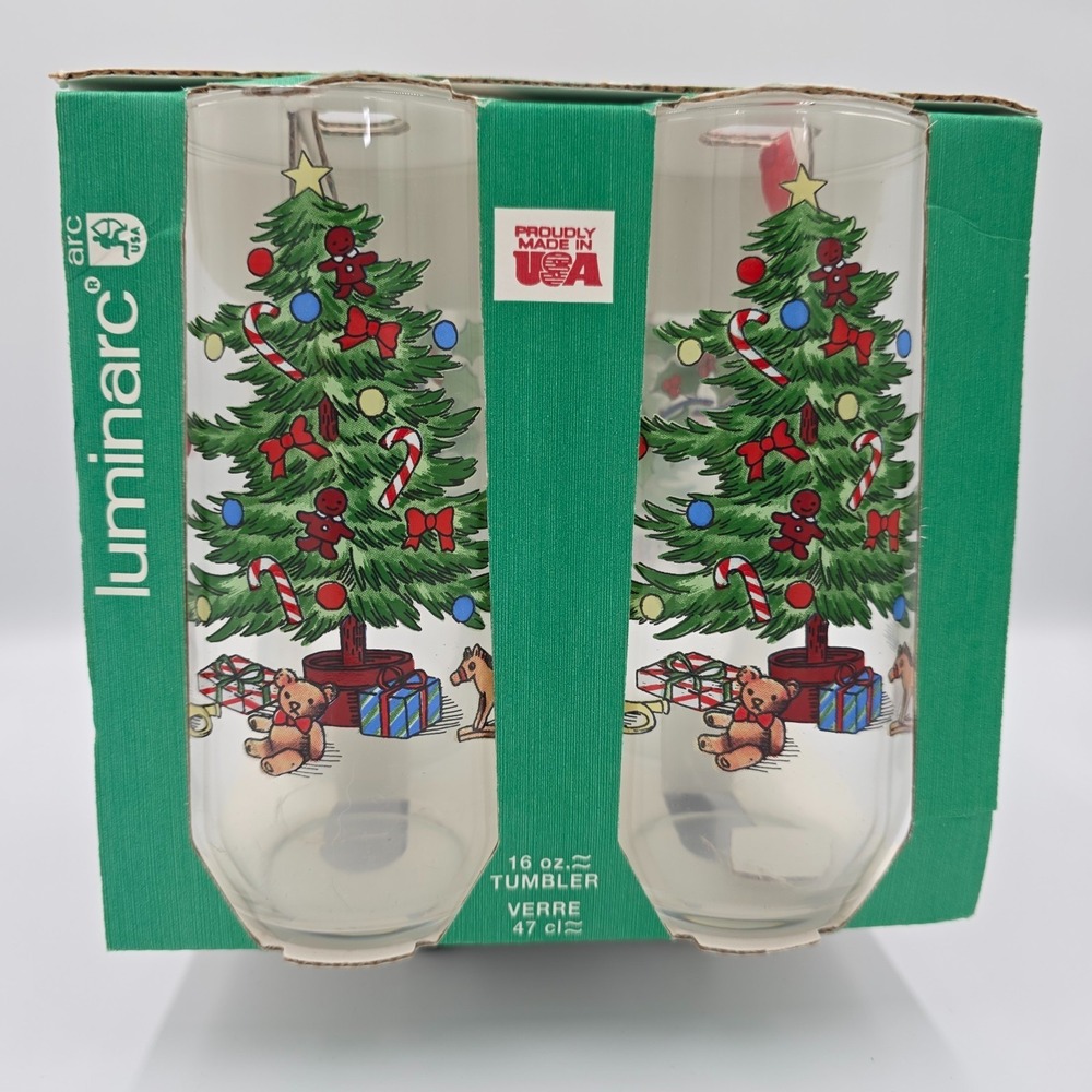 1992 Luminarc 4 Glass Christmas Tree 16 oz Tumblers Holiday Tablescape Drinkware